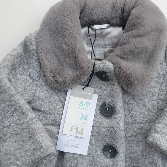 Primark Girls Grey Fur Collar Coat 3-6months - Picture 3 of 3